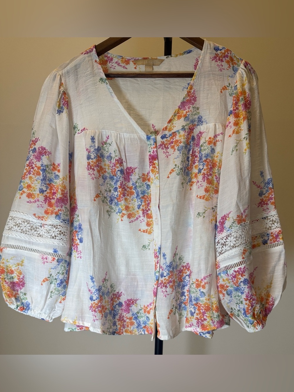 Hope & Harlow Floral Peasant Blouse Boho Lace Button Up Puff Sleeve White | L